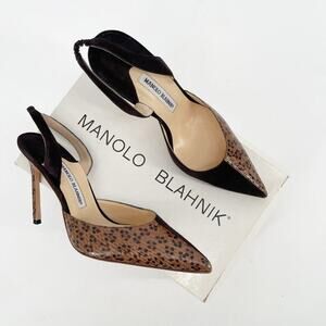 Manolo Blahnik Retro Brown Leopard Snakeskin Pointed Toe Slingback Heel IT 38.5